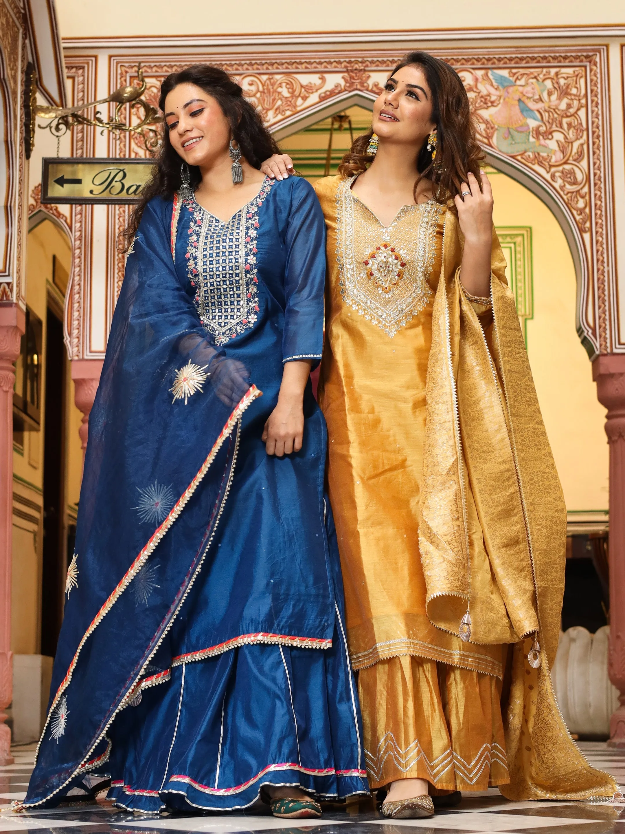 Jashvi Blue Solid Chenderi Kurta Skirt Set with Dupatta