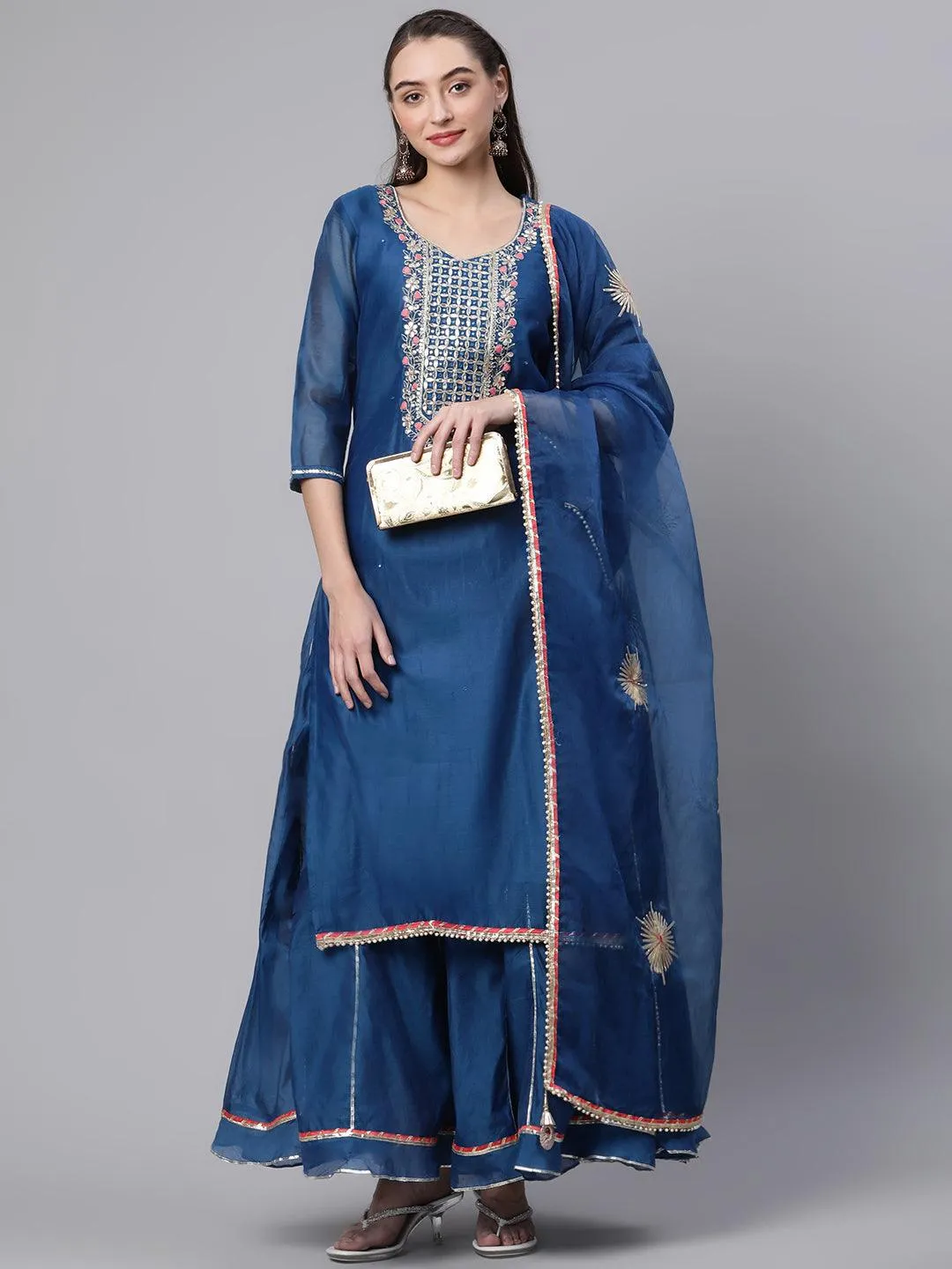 Jashvi Blue Solid Chenderi Kurta Skirt Set with Dupatta