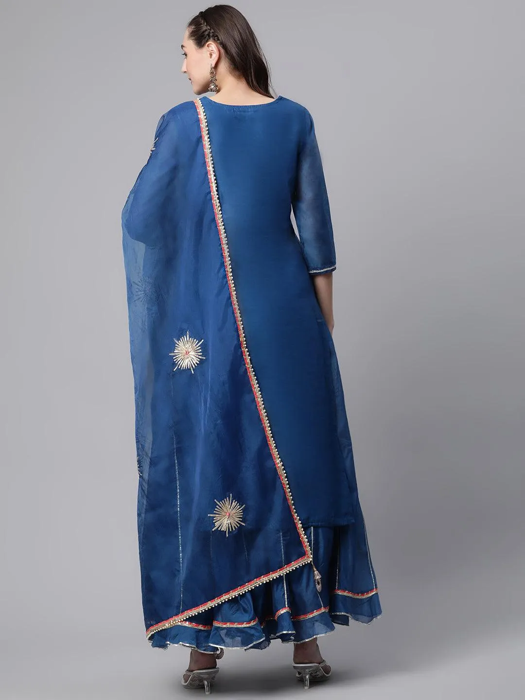 Jashvi Blue Solid Chenderi Kurta Skirt Set with Dupatta