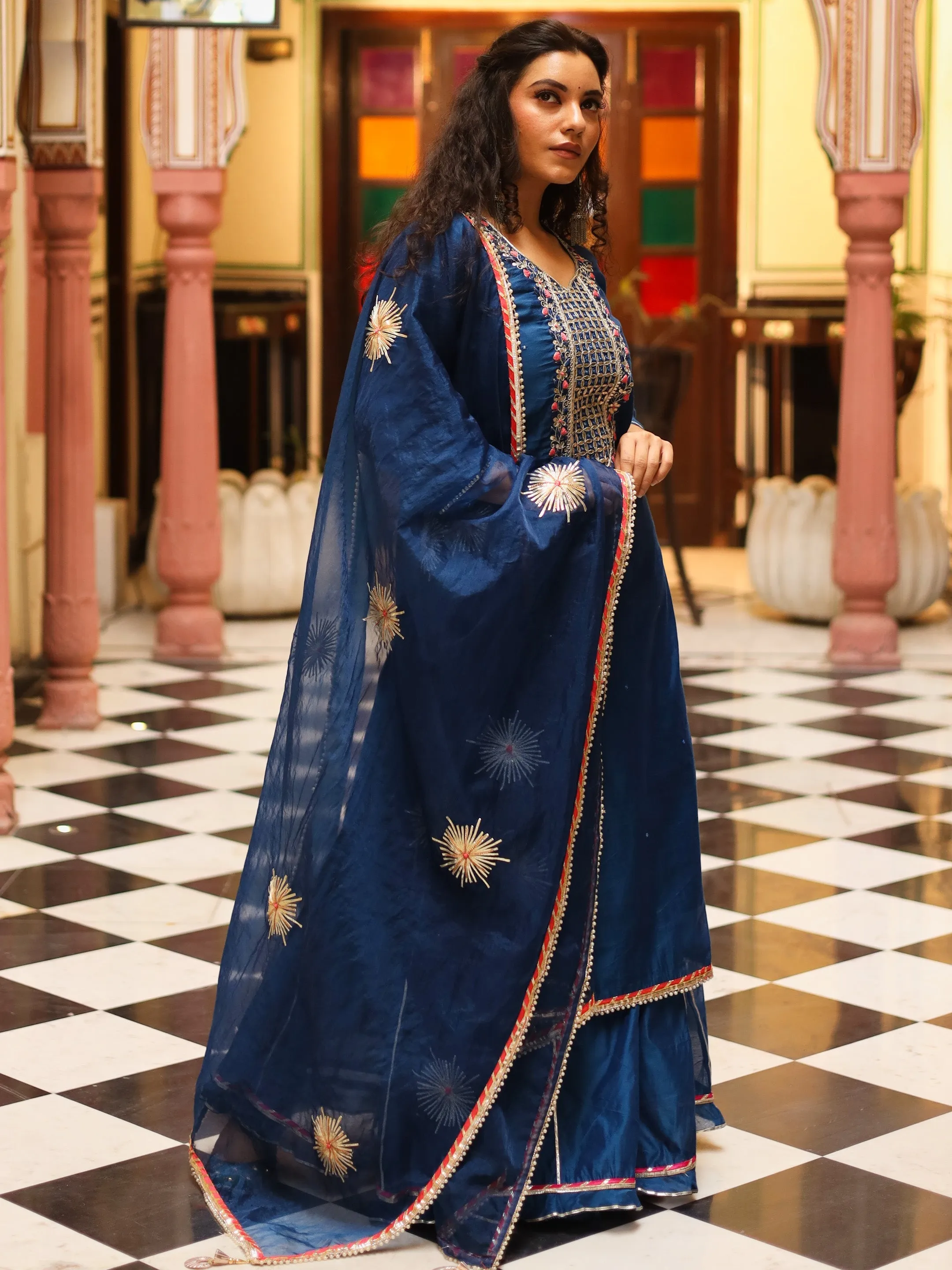 Jashvi Blue Solid Chenderi Kurta Skirt Set with Dupatta