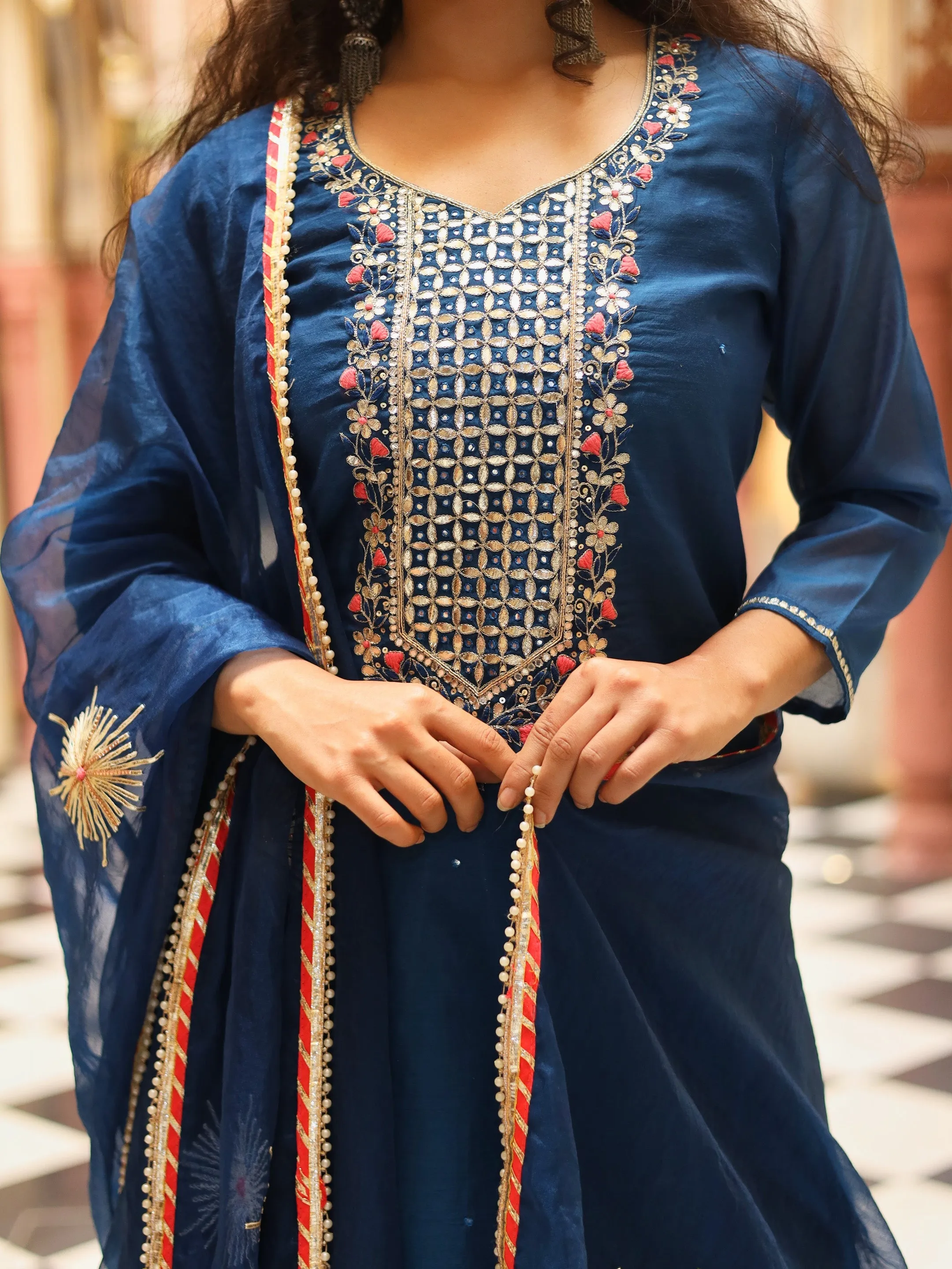 Jashvi Blue Solid Chenderi Kurta Skirt Set with Dupatta