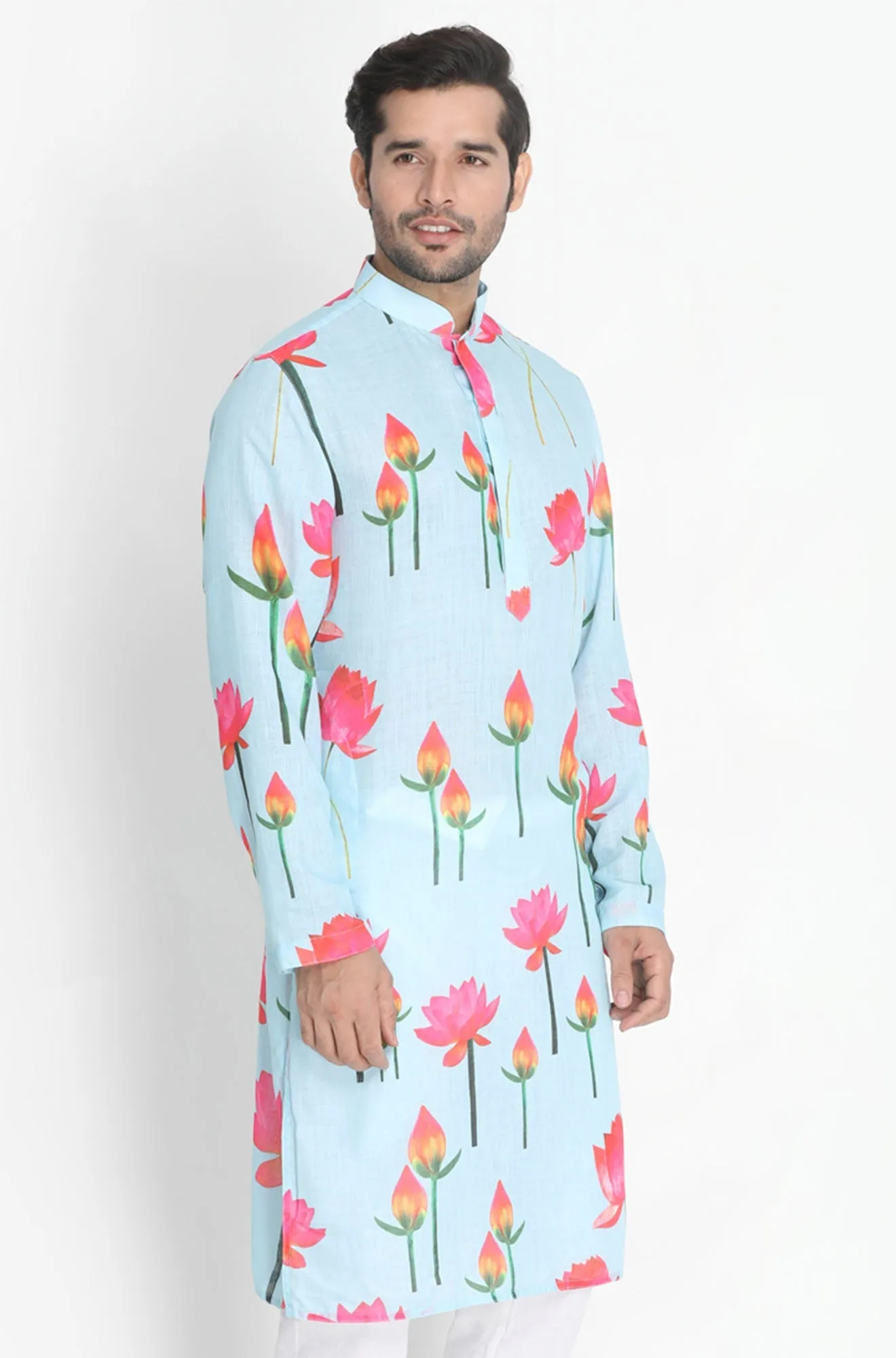 Jashvi Men's Light Blue Cotton Linen Blend Kurta