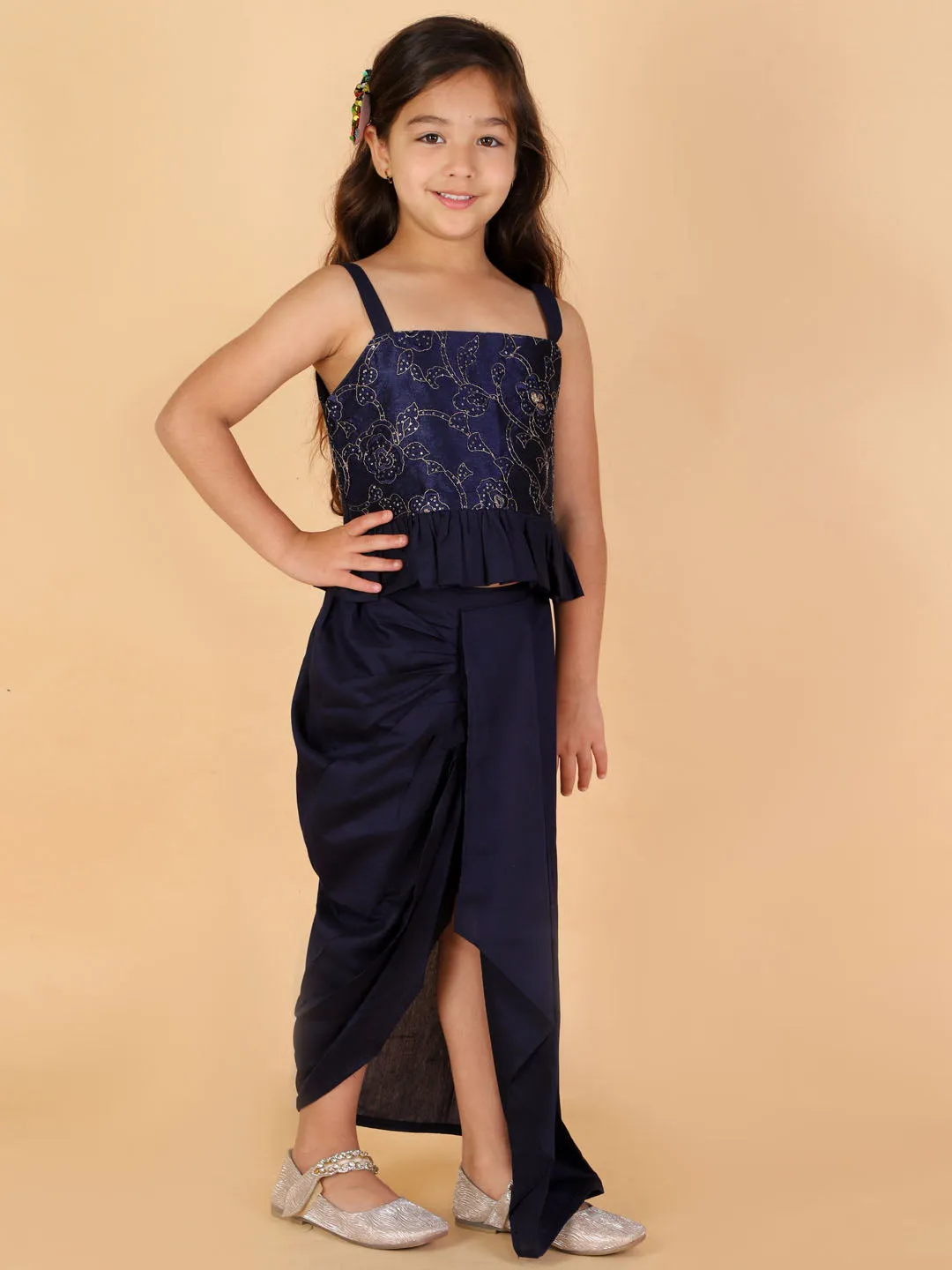 Jashvi Navy Blue Embroidered Silk Blend Siblings Set