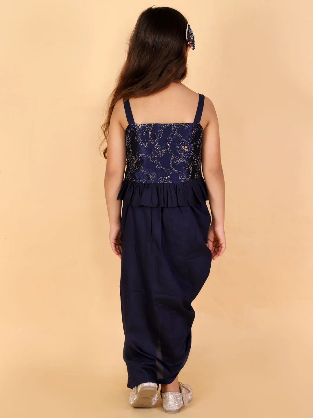 Jashvi Navy Blue Embroidered Silk Blend Siblings Set