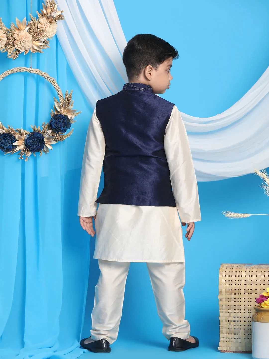 Jashvi Navy Blue Embroidered Silk Blend Siblings Set