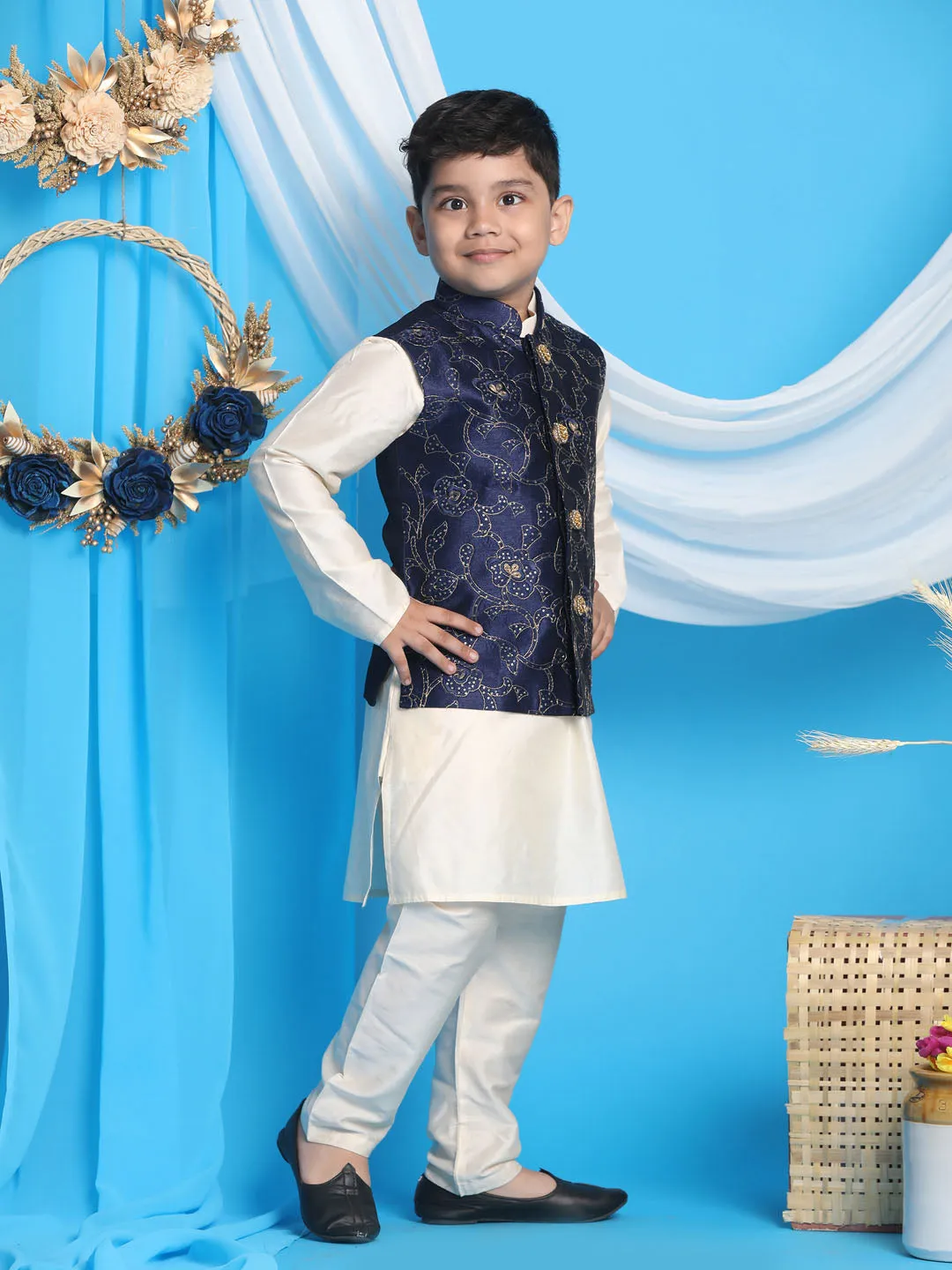 Jashvi Navy Blue Embroidered Silk Blend Siblings Set