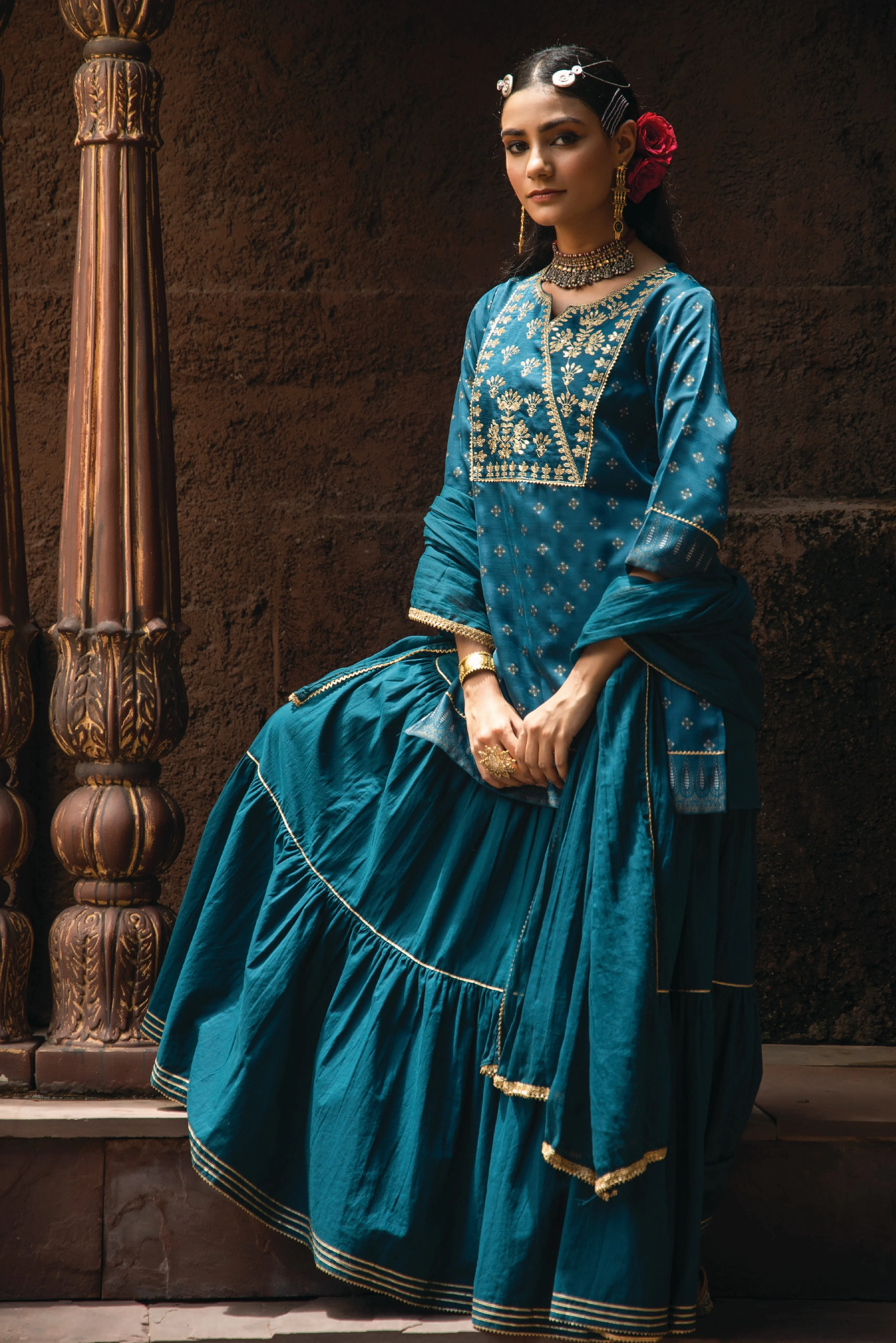 Jashvi Teal Ethnic Motif Printed Satin Slub with Zari Embroidery Kurta Sharara & Dupatta Set.