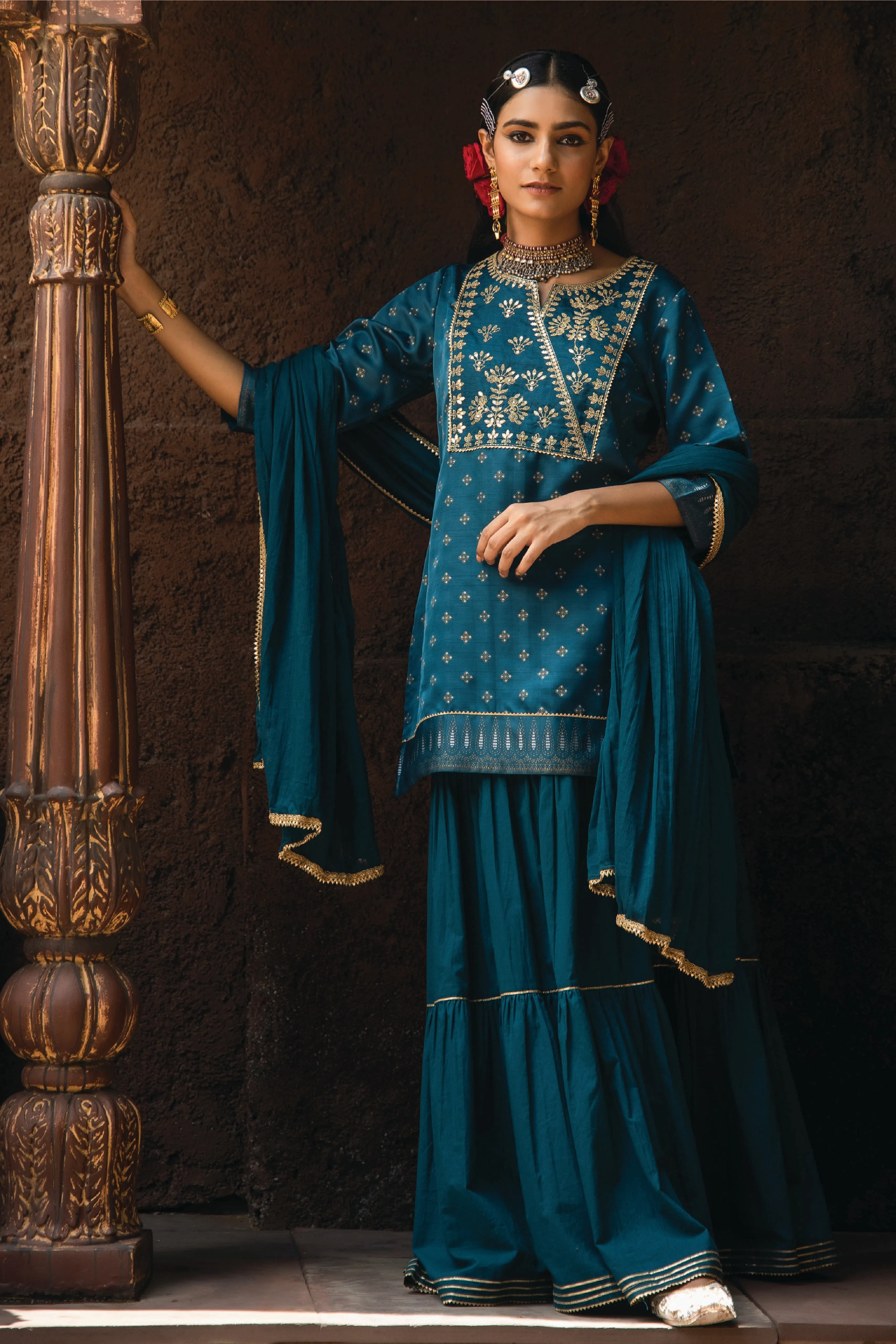 Jashvi Teal Ethnic Motif Printed Satin Slub with Zari Embroidery Kurta Sharara & Dupatta Set.