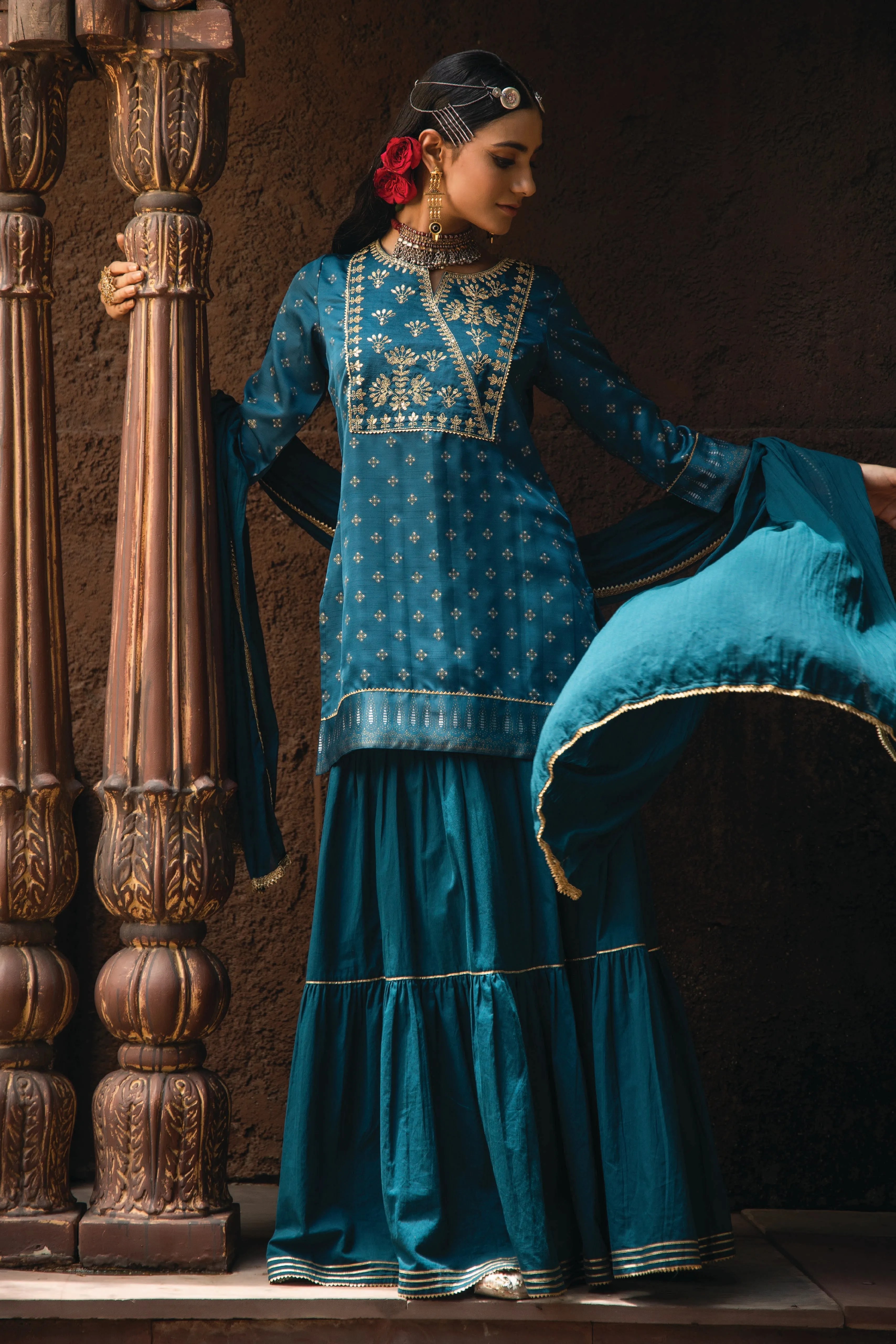 Jashvi Teal Ethnic Motif Printed Satin Slub with Zari Embroidery Kurta Sharara & Dupatta Set.