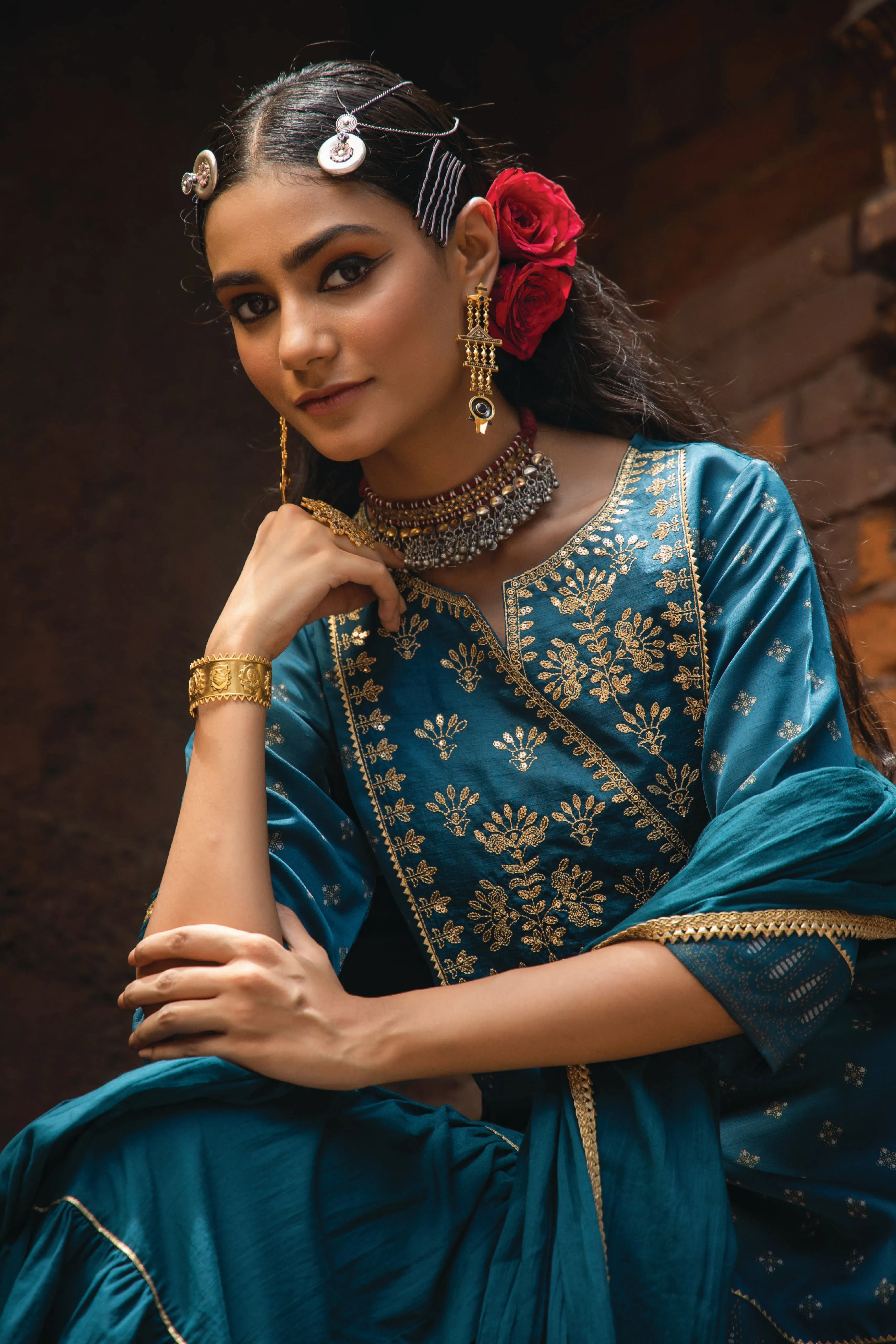 Jashvi Teal Ethnic Motif Printed Satin Slub with Zari Embroidery Kurta Sharara & Dupatta Set.