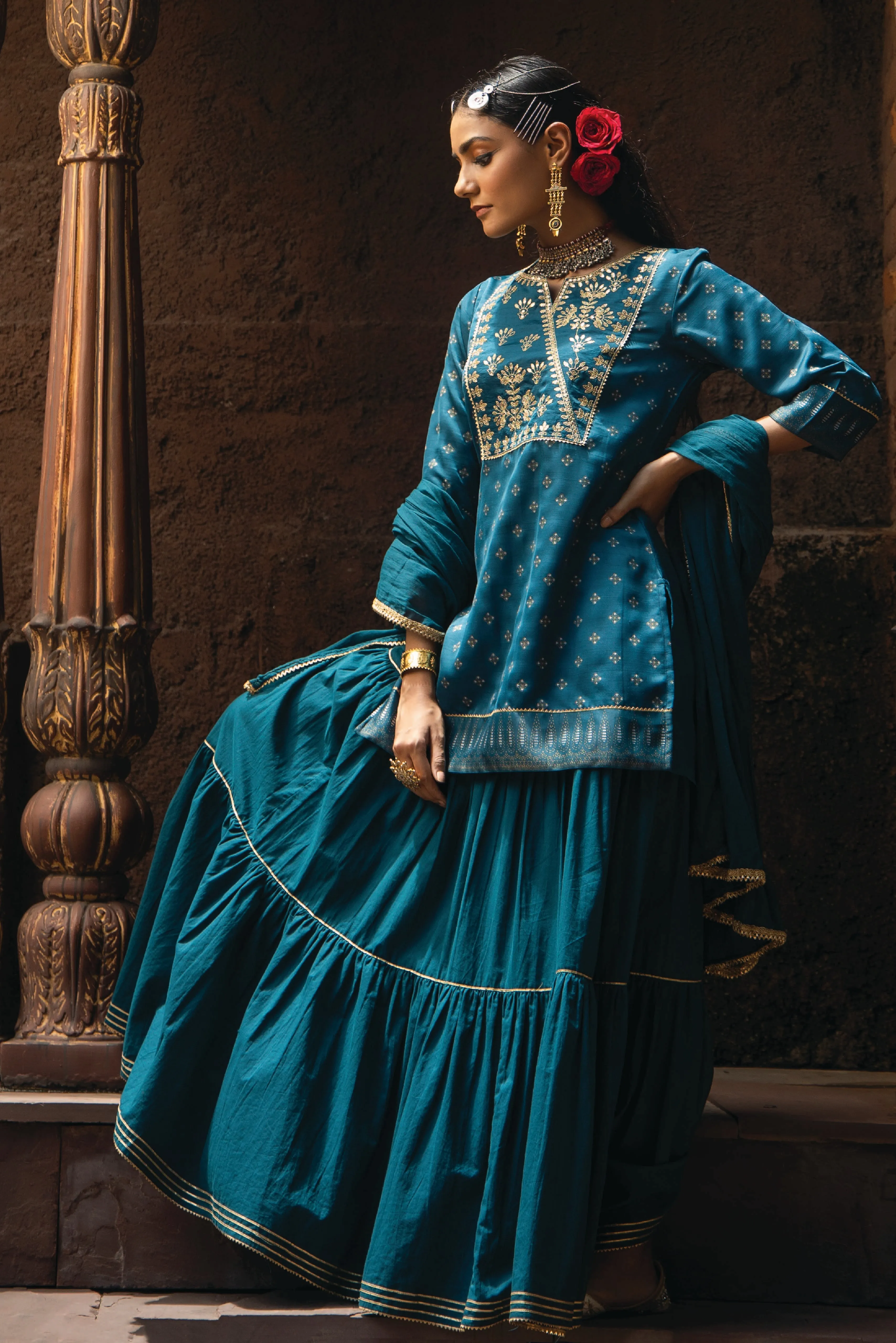 Jashvi Teal Ethnic Motif Printed Satin Slub with Zari Embroidery Kurta Sharara & Dupatta Set.