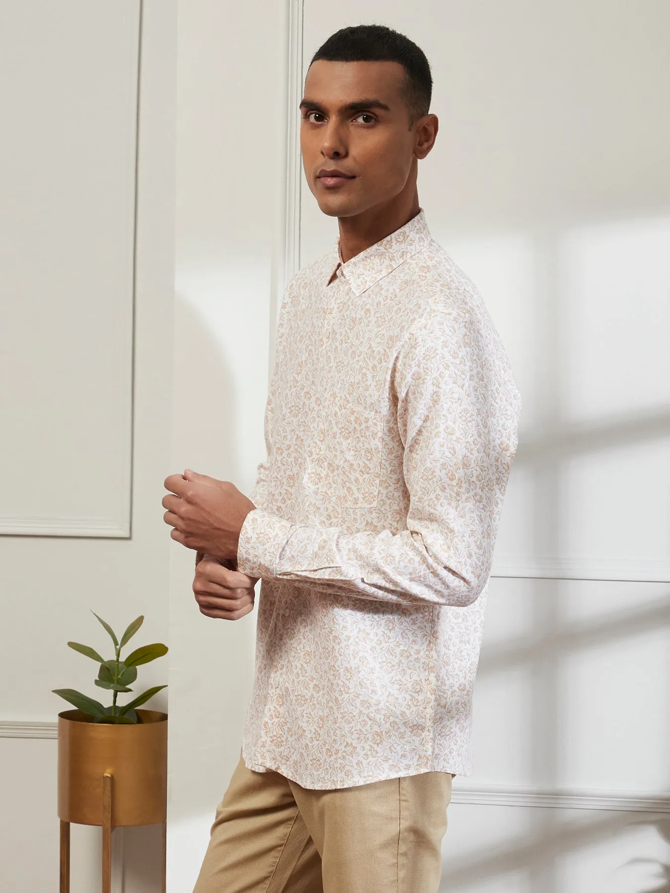 Linen Viscose Off White Printed Full Sleeve Ceremonial Shirt