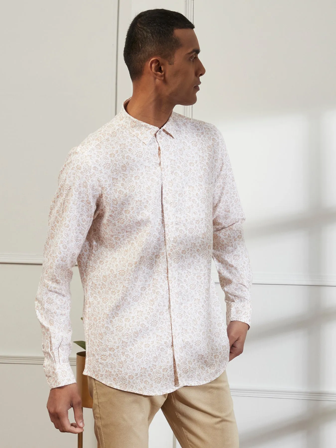 Linen Viscose Off White Printed Full Sleeve Ceremonial Shirt