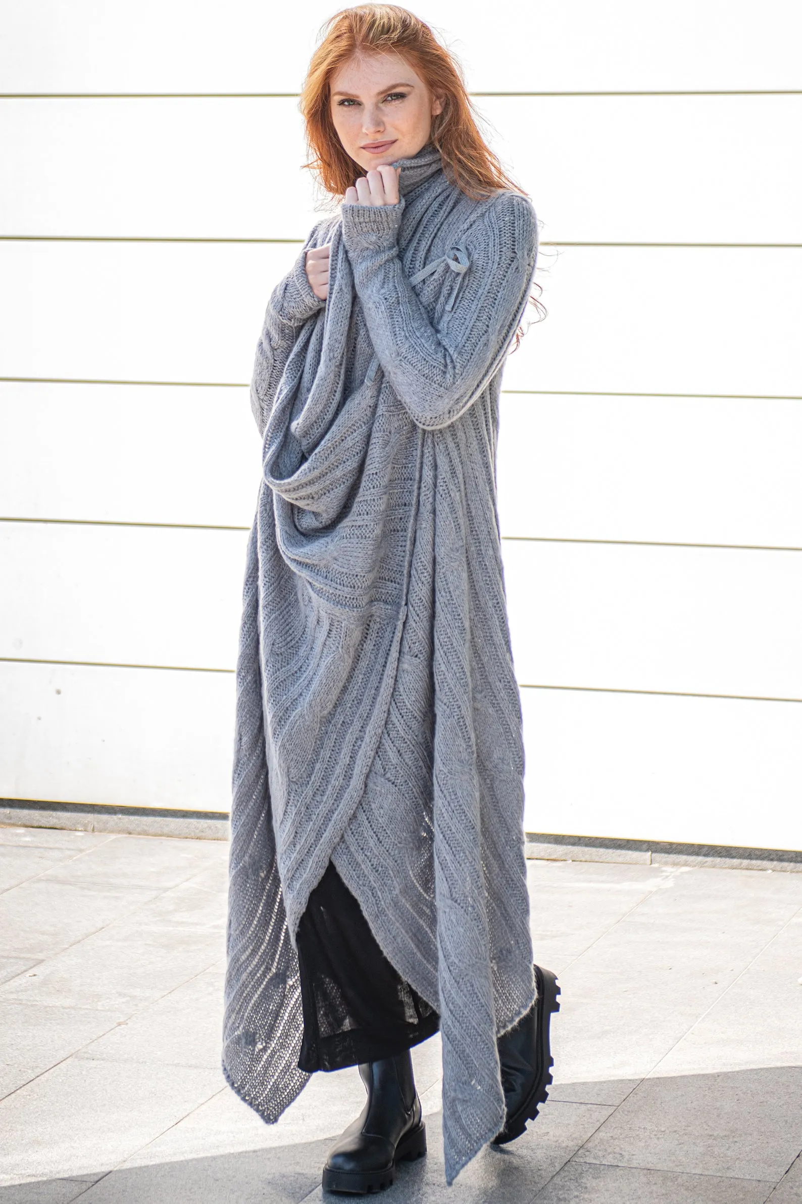 Long Asymmetrical Knit Cardigan with Draped Front