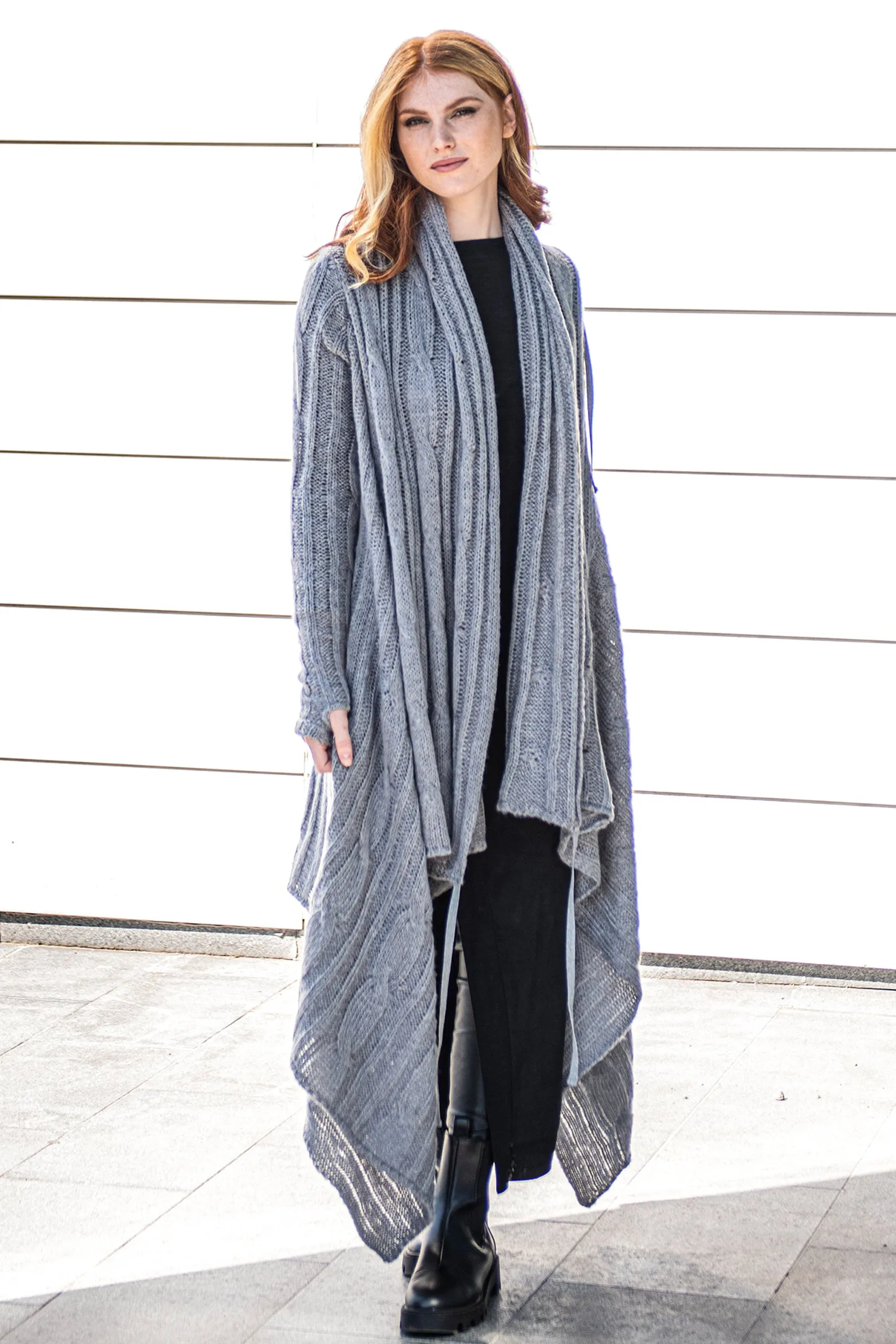 Long Asymmetrical Knit Cardigan with Draped Front