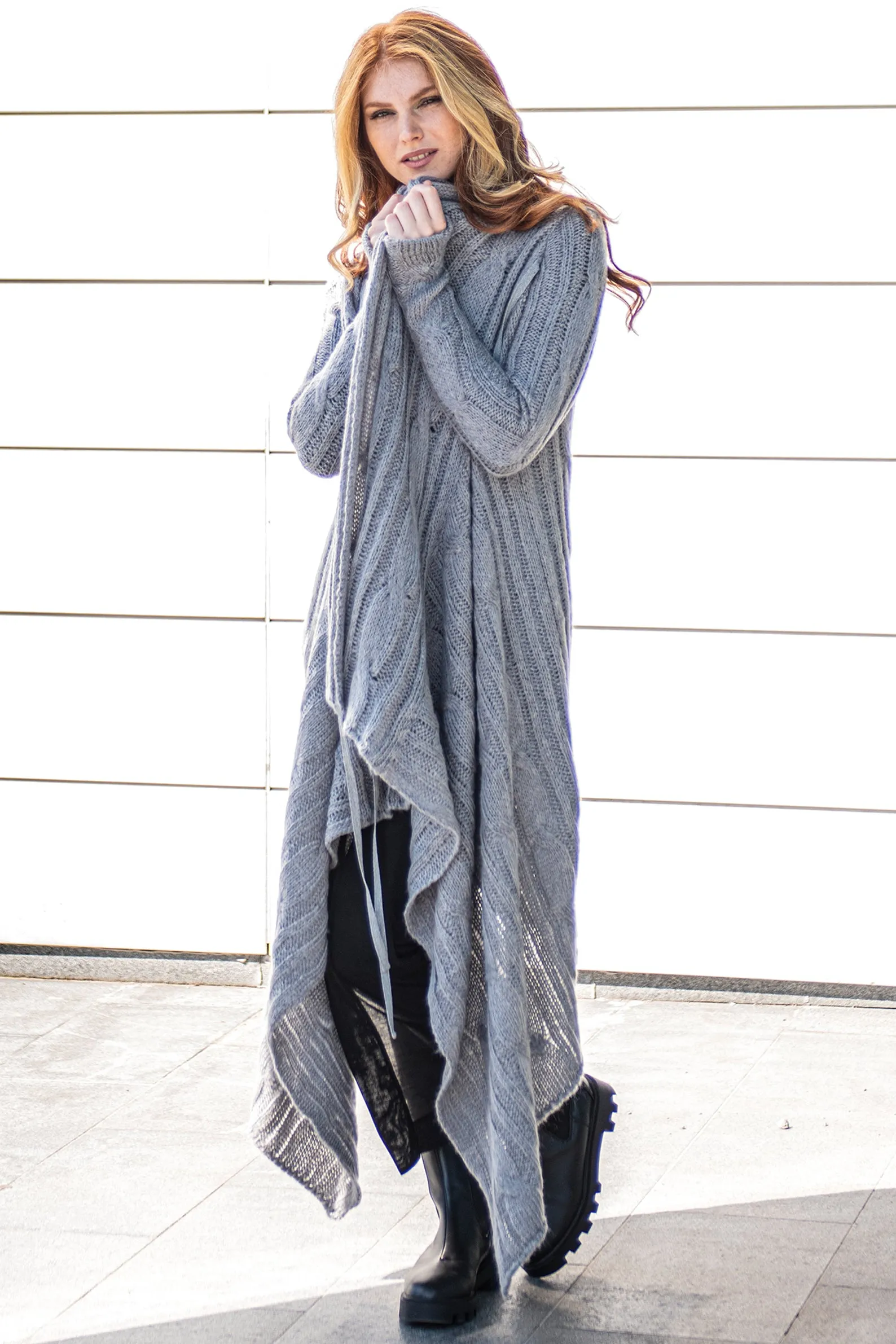 Long Asymmetrical Knit Cardigan with Draped Front