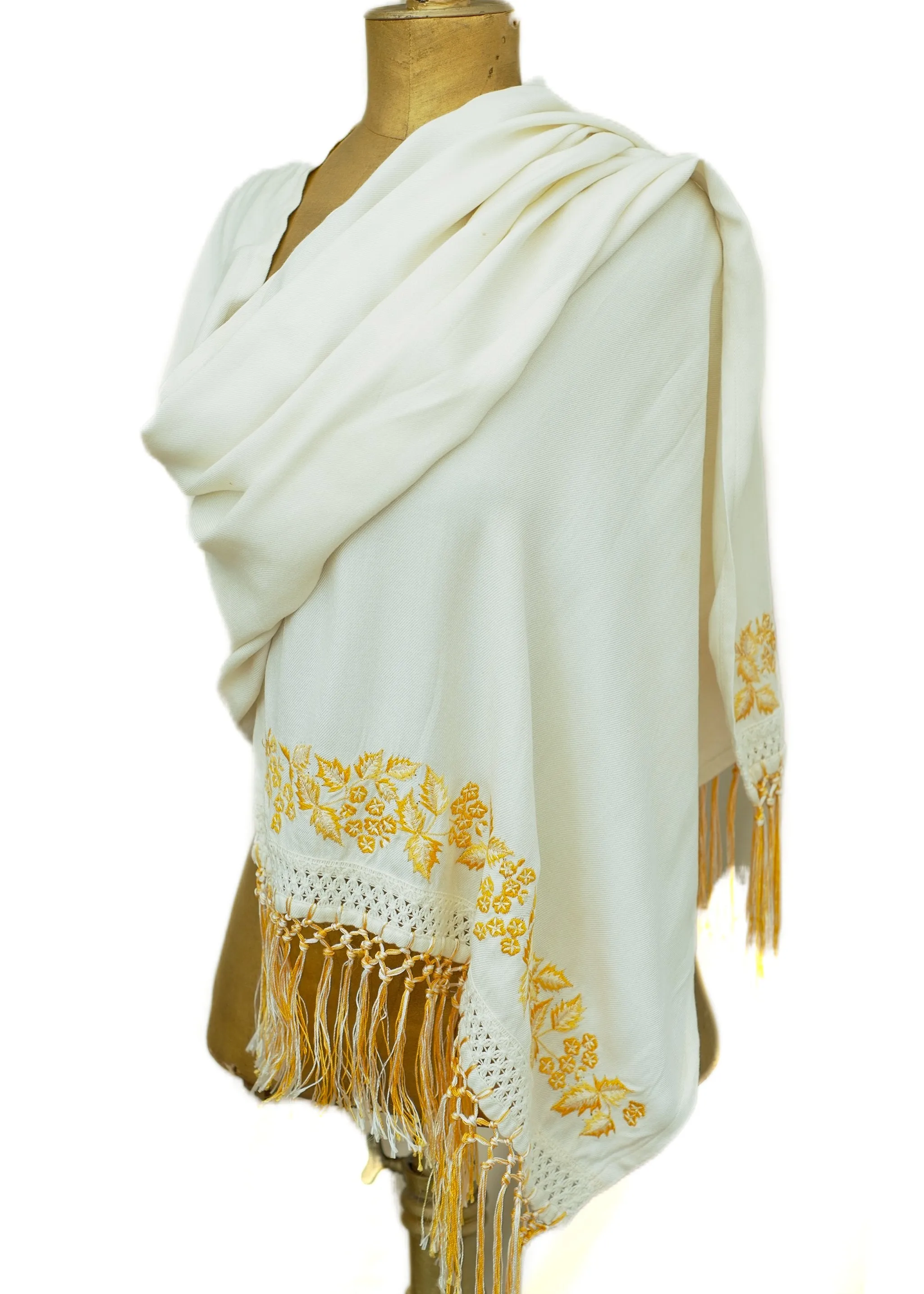 Long Cream Embroidered Leaves Shawl Scarf •  Knotted Fringe