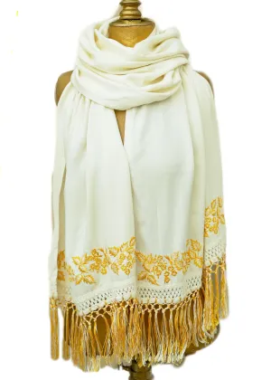 Long Cream Embroidered Leaves Shawl Scarf •  Knotted Fringe