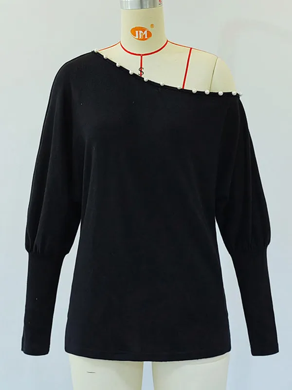 Long Sleeves Loose Asymmetric Beaded One-Shoulder T-Shirts Tops