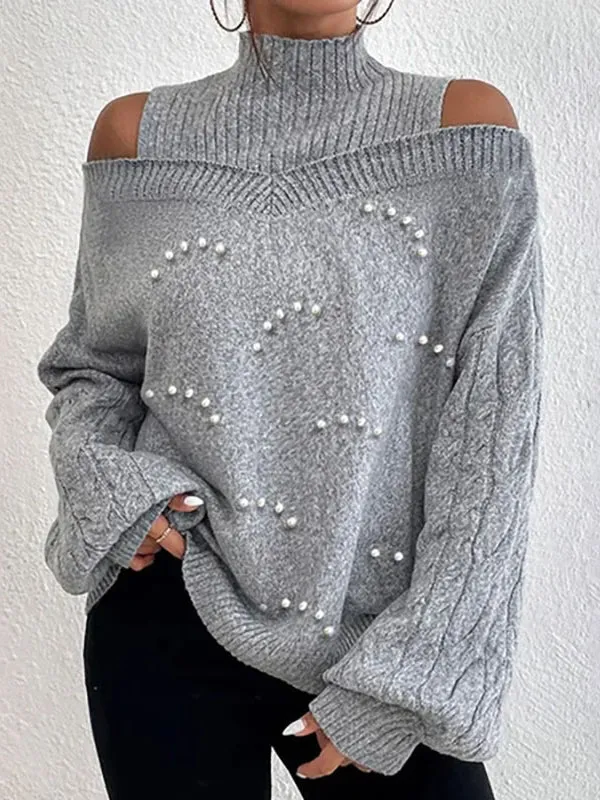 Long Sleeves Loose Beaded Hollow High Neck Sweater Tops