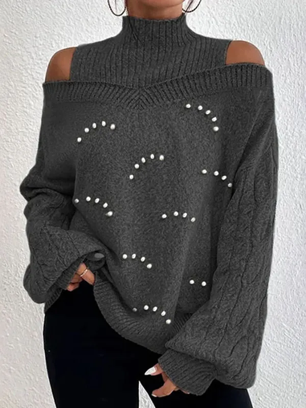 Long Sleeves Loose Beaded Hollow High Neck Sweater Tops