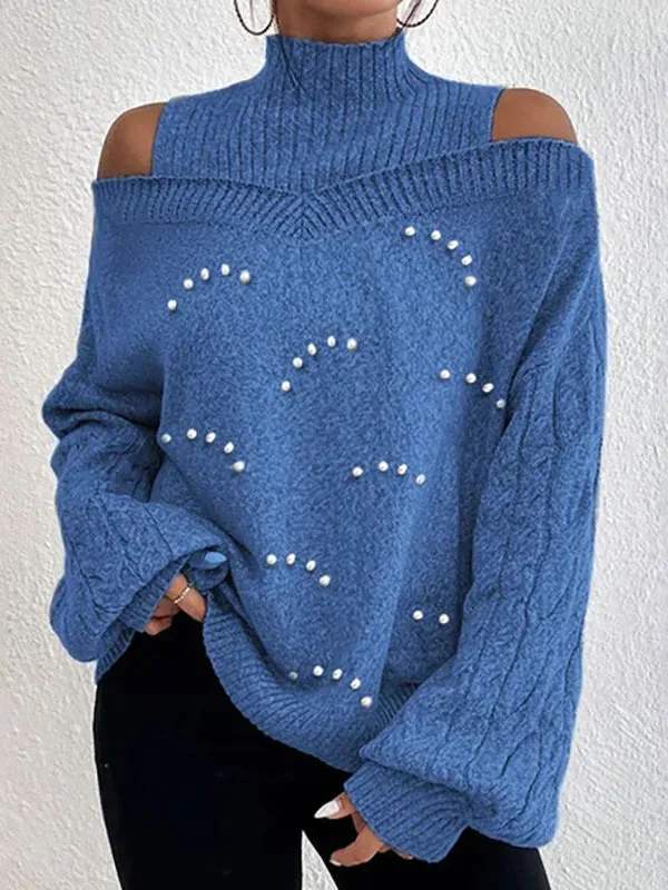 Long Sleeves Loose Beaded Hollow High Neck Sweater Tops