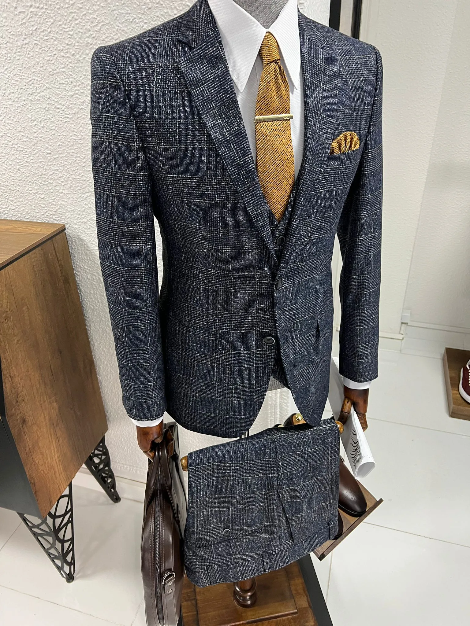 Louis Slim Fit High Quality Navy Plaid Suit