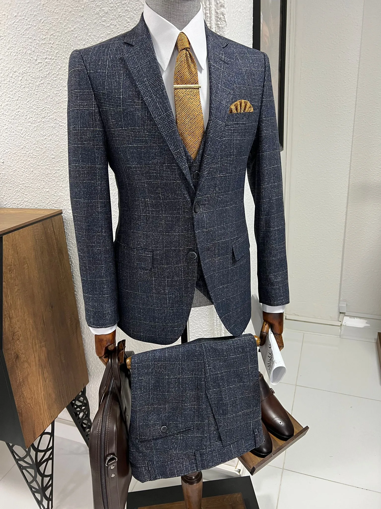 Louis Slim Fit High Quality Navy Plaid Suit