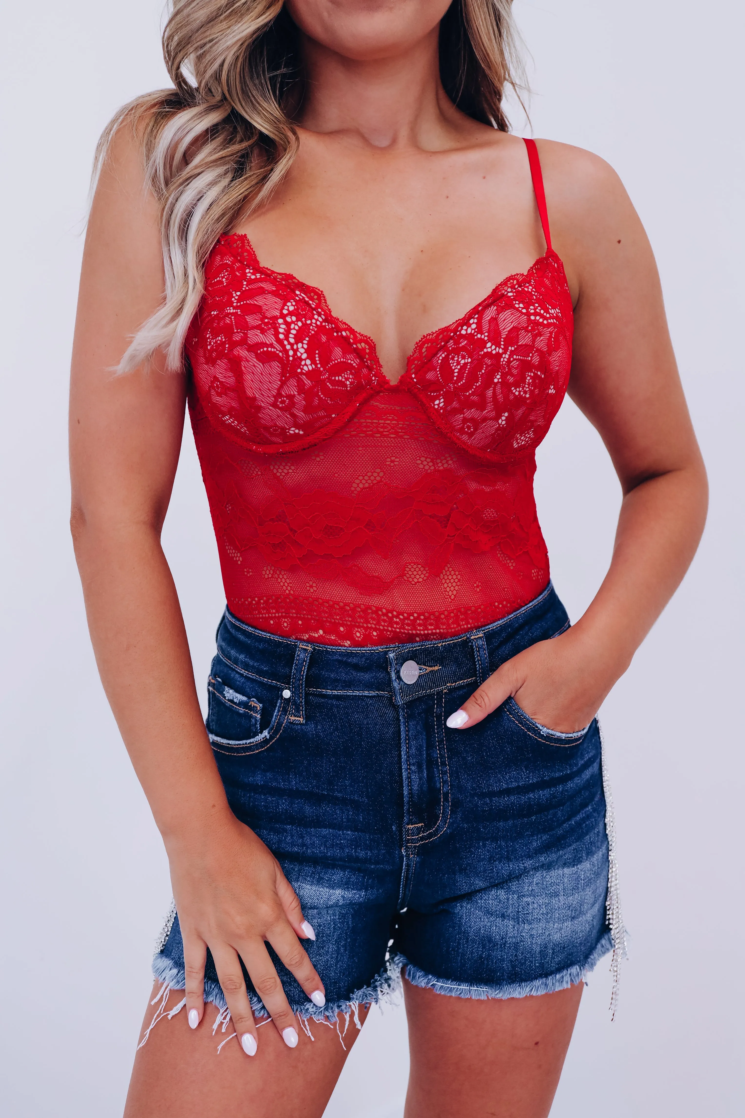 Lovely In Lace Floral Bodysuit - Red