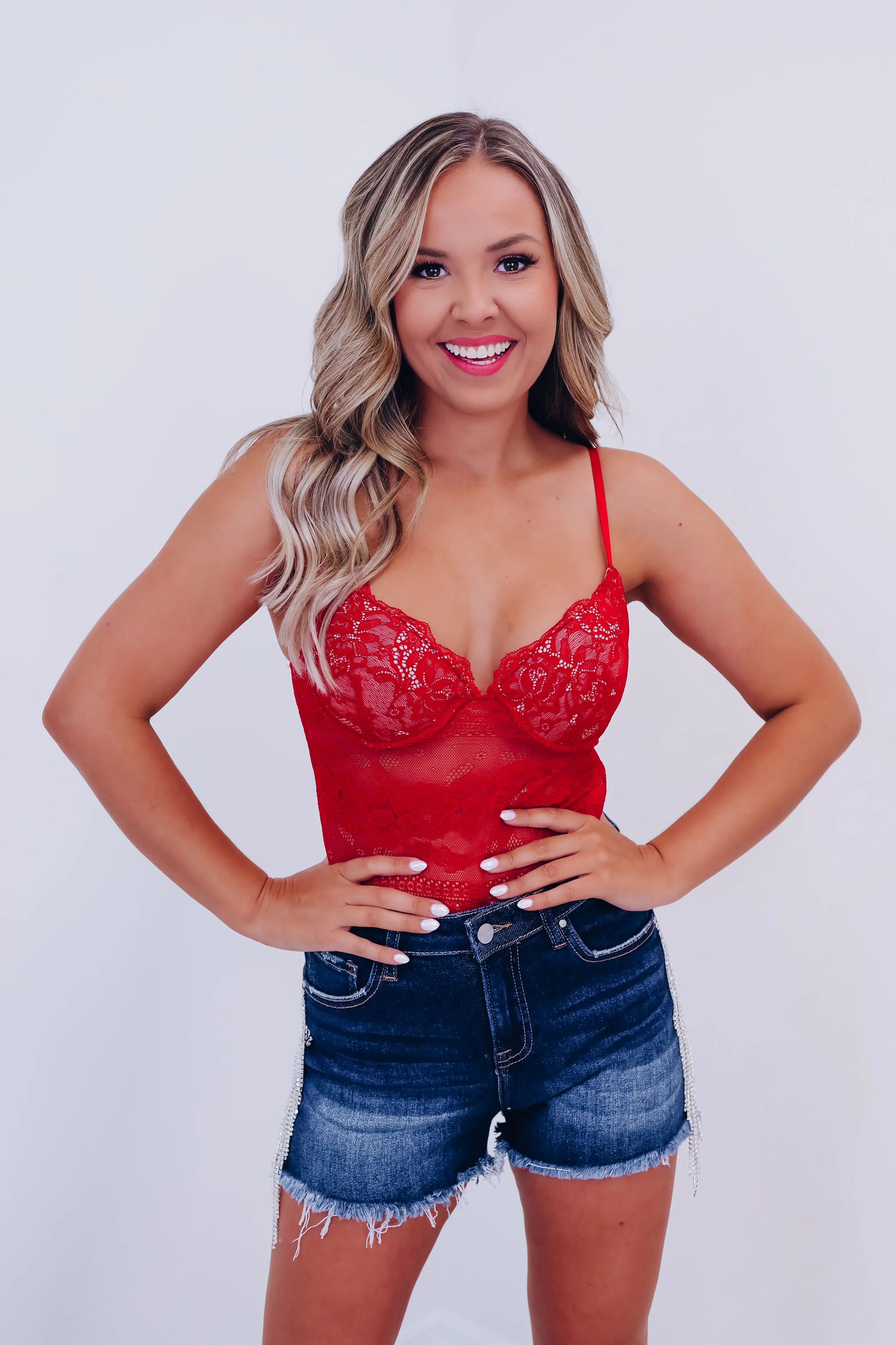 Lovely In Lace Floral Bodysuit - Red