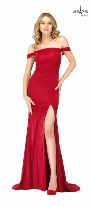 Lucci Lu 981048 Burgundy Off the Shoulder Fitted Dress with Slit