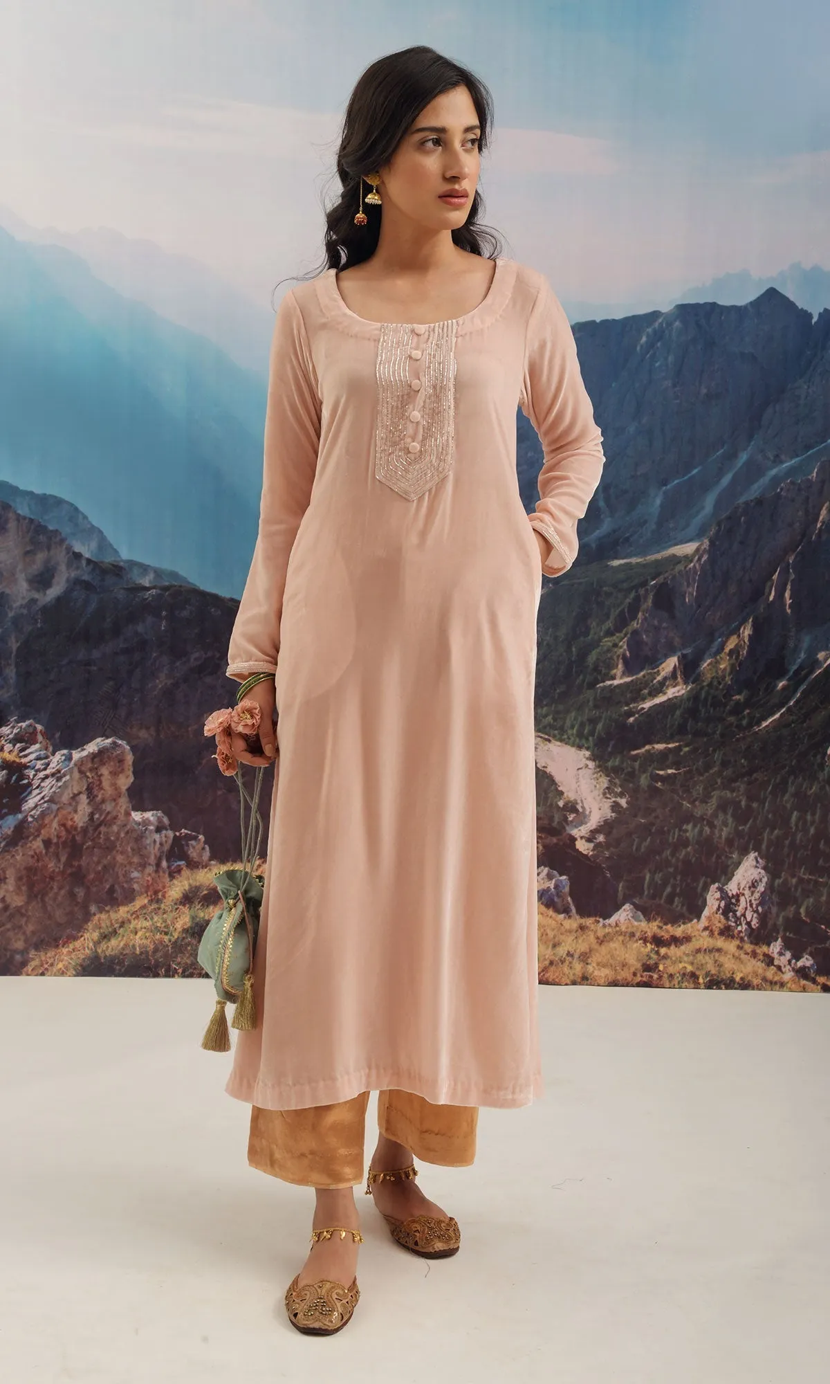 Makhmalee Soft Pink silk Velvet kurta with palazzo and shawl RTS