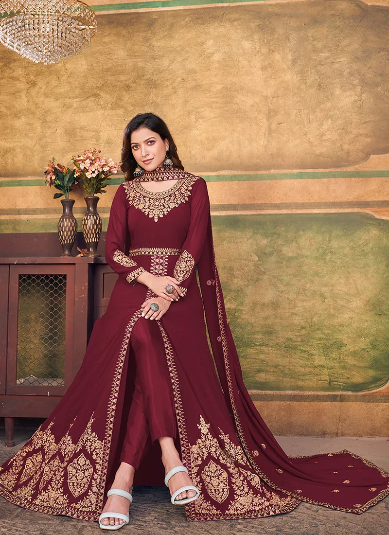 Maroon Slit Style Embroidered Anarkali Pants Suit