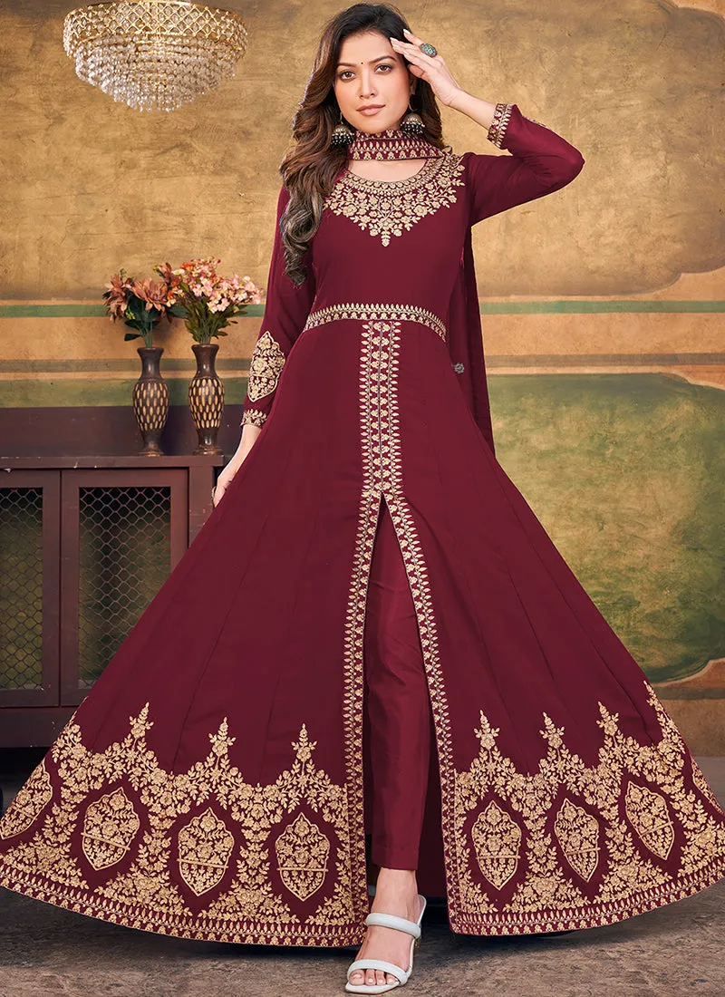 Maroon Slit Style Embroidered Anarkali Pants Suit