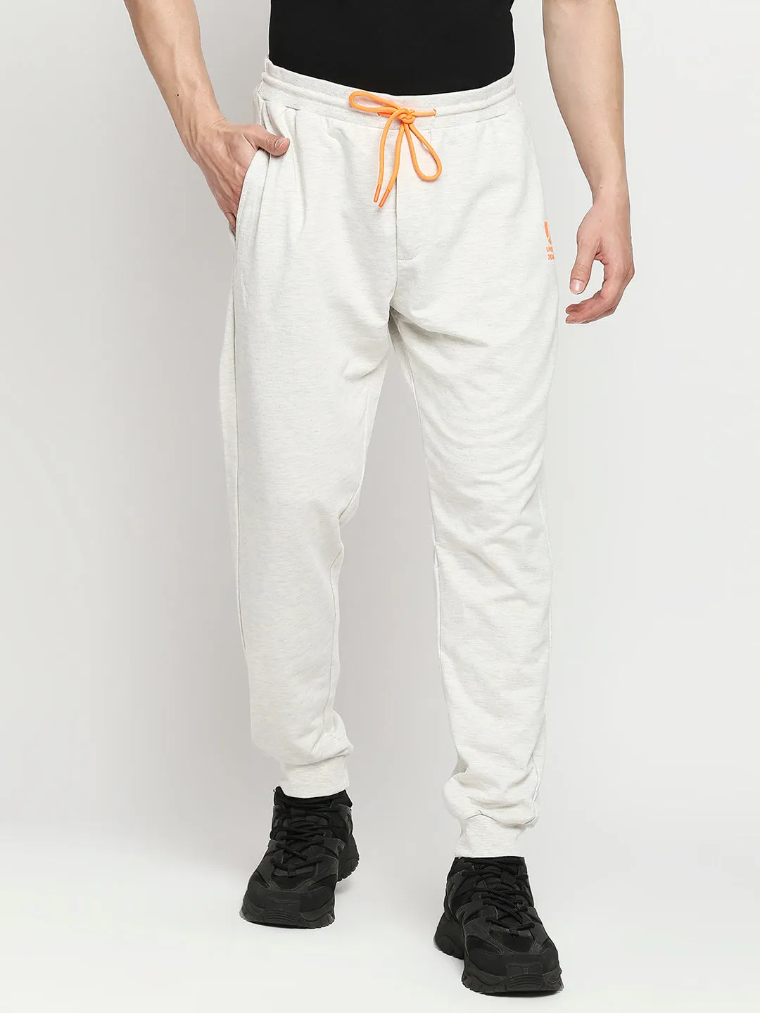 Men Premium Cotton Blend Knitted Ecru Trackpant- Underjeans By Spykar