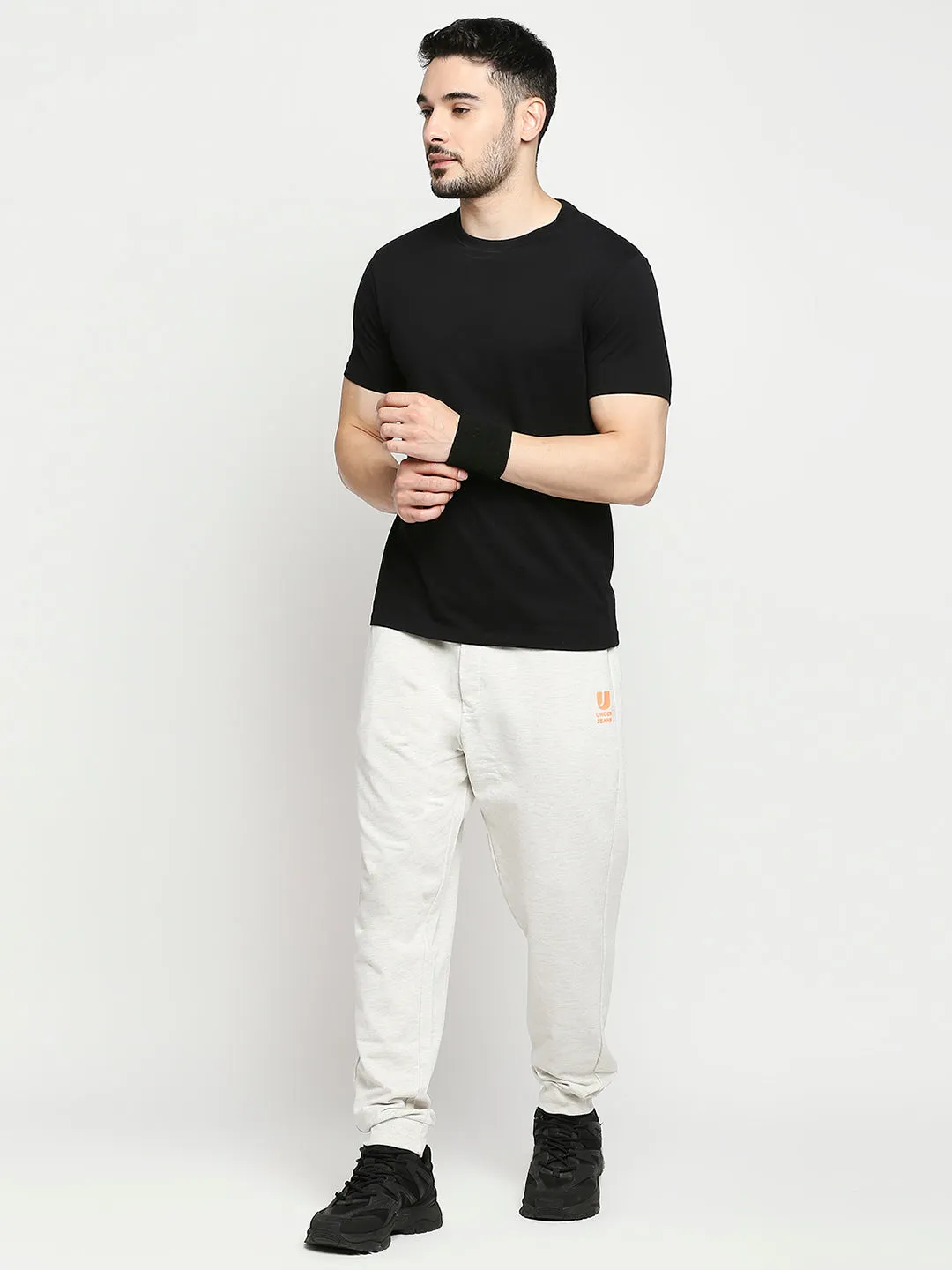 Men Premium Cotton Blend Knitted Ecru Trackpant- Underjeans By Spykar