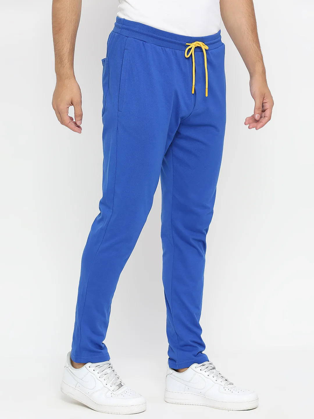 Men Premium Knitted Royal Blue Cotton Trackpant - Underjeans By Spykar