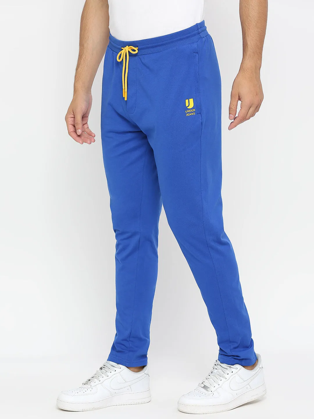 Men Premium Knitted Royal Blue Cotton Trackpant - Underjeans By Spykar