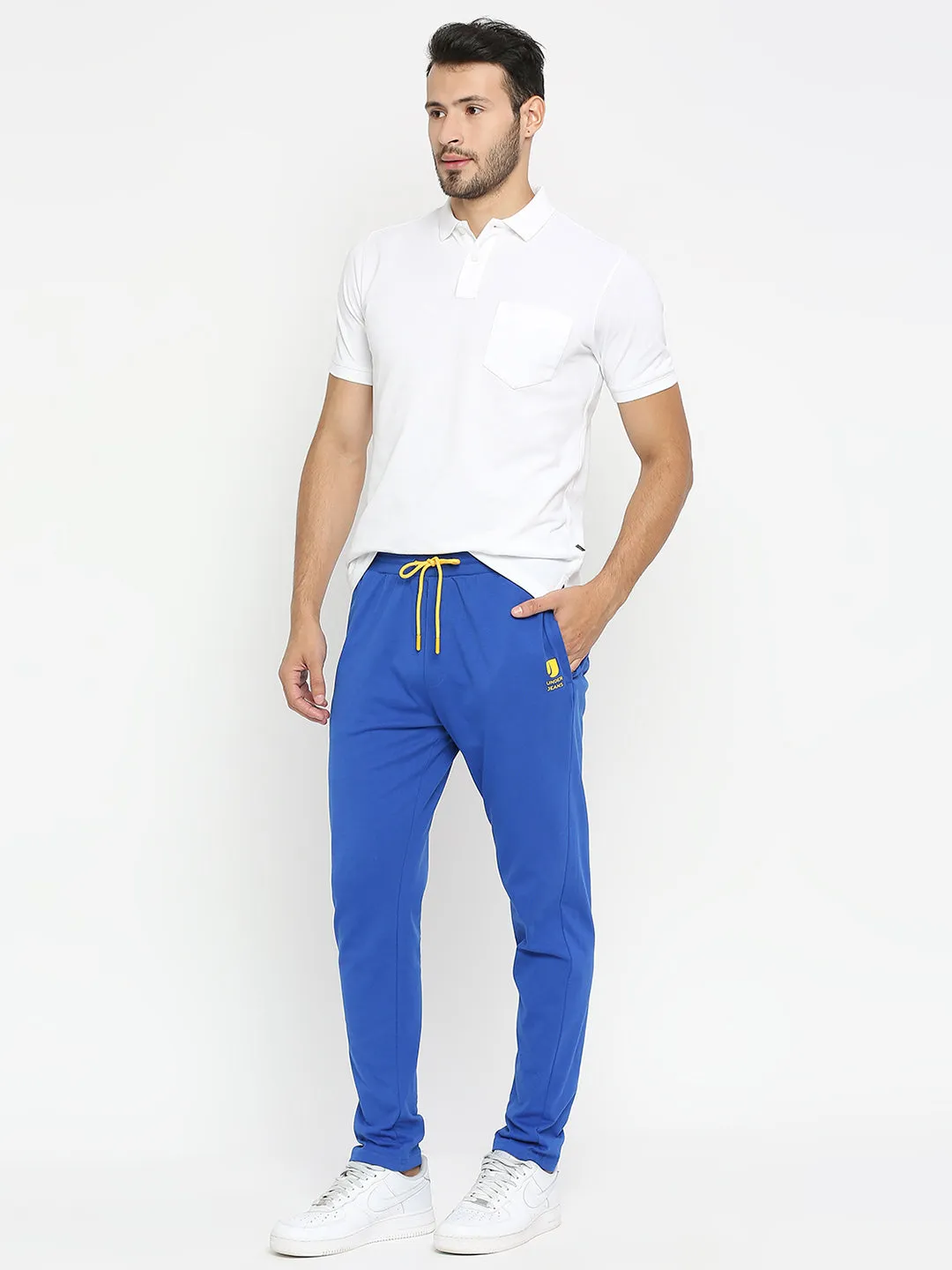 Men Premium Knitted Royal Blue Cotton Trackpant - Underjeans By Spykar