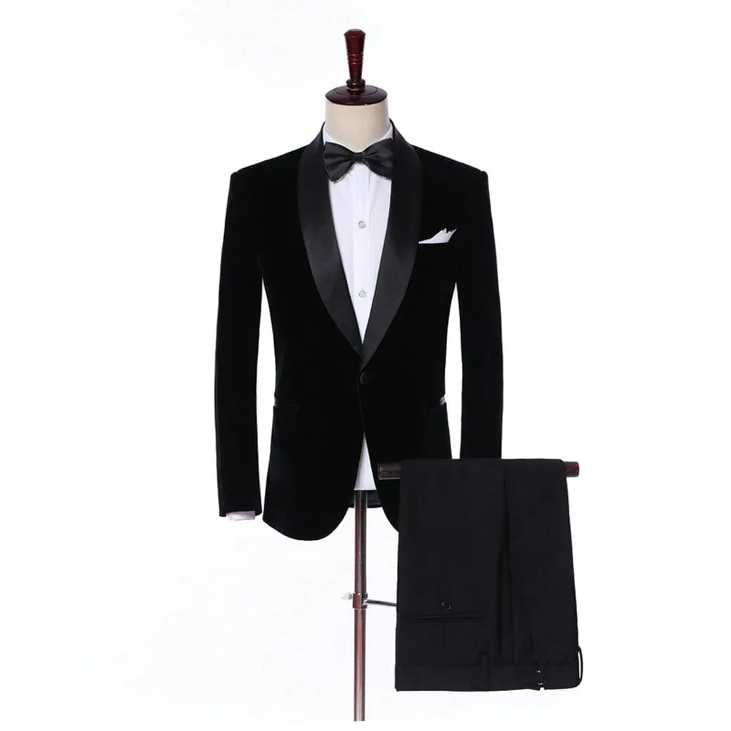 Mens 2 Piece Velvet Formal Skinny Tuxedo Suit Set Shawl Lapel