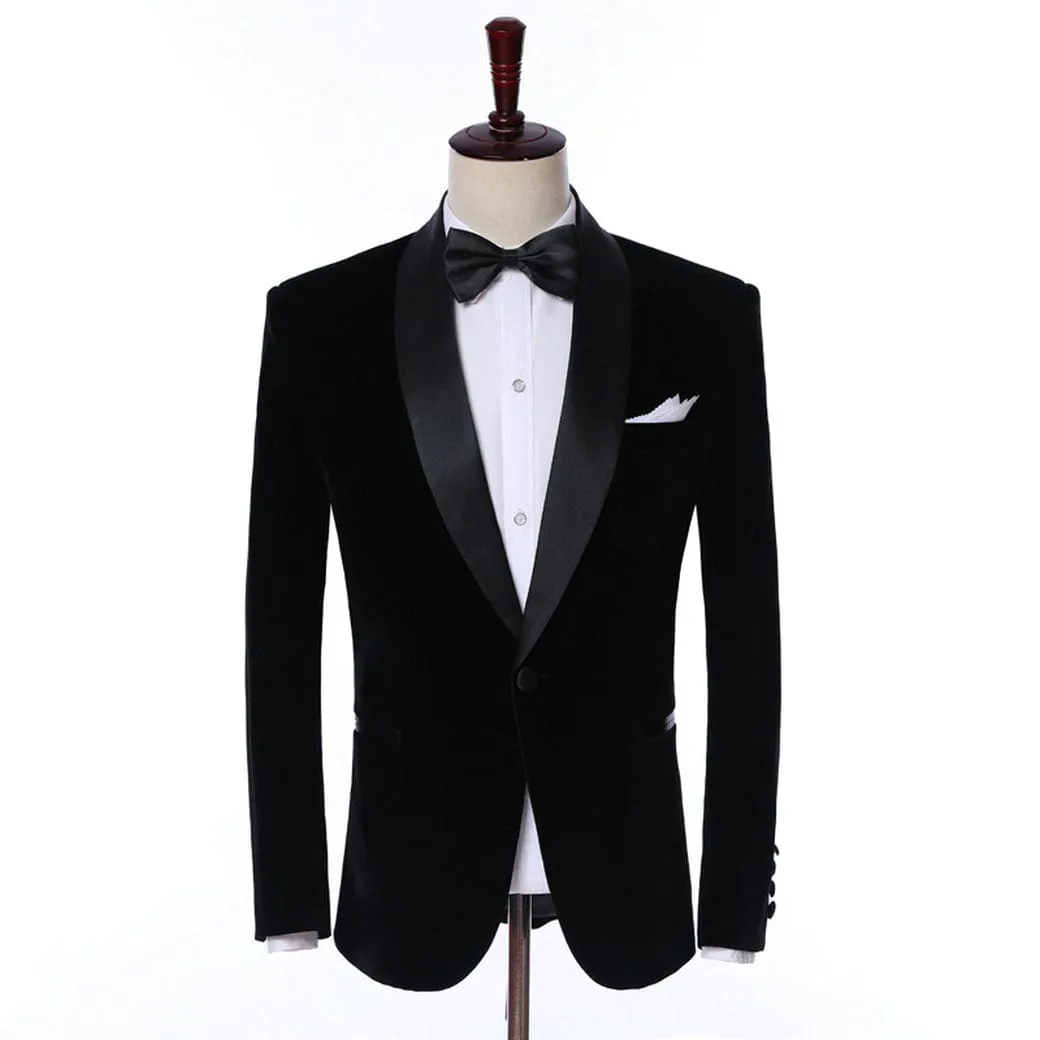 Mens 2 Piece Velvet Formal Skinny Tuxedo Suit Set Shawl Lapel