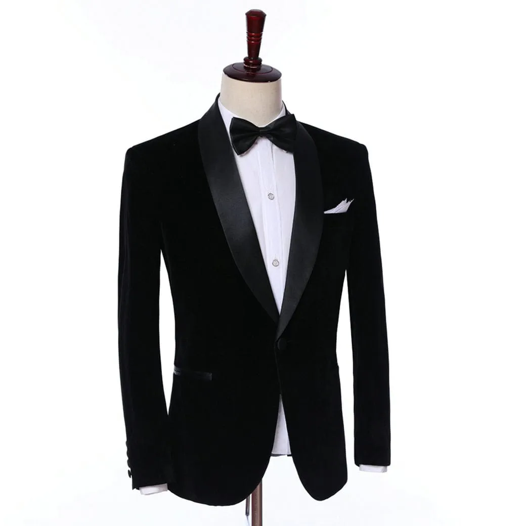 Mens 2 Piece Velvet Formal Skinny Tuxedo Suit Set Shawl Lapel