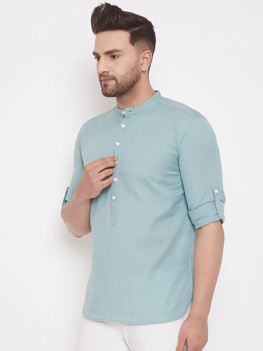 Men's Blue Linen Shirt Kurta - Even Apparels