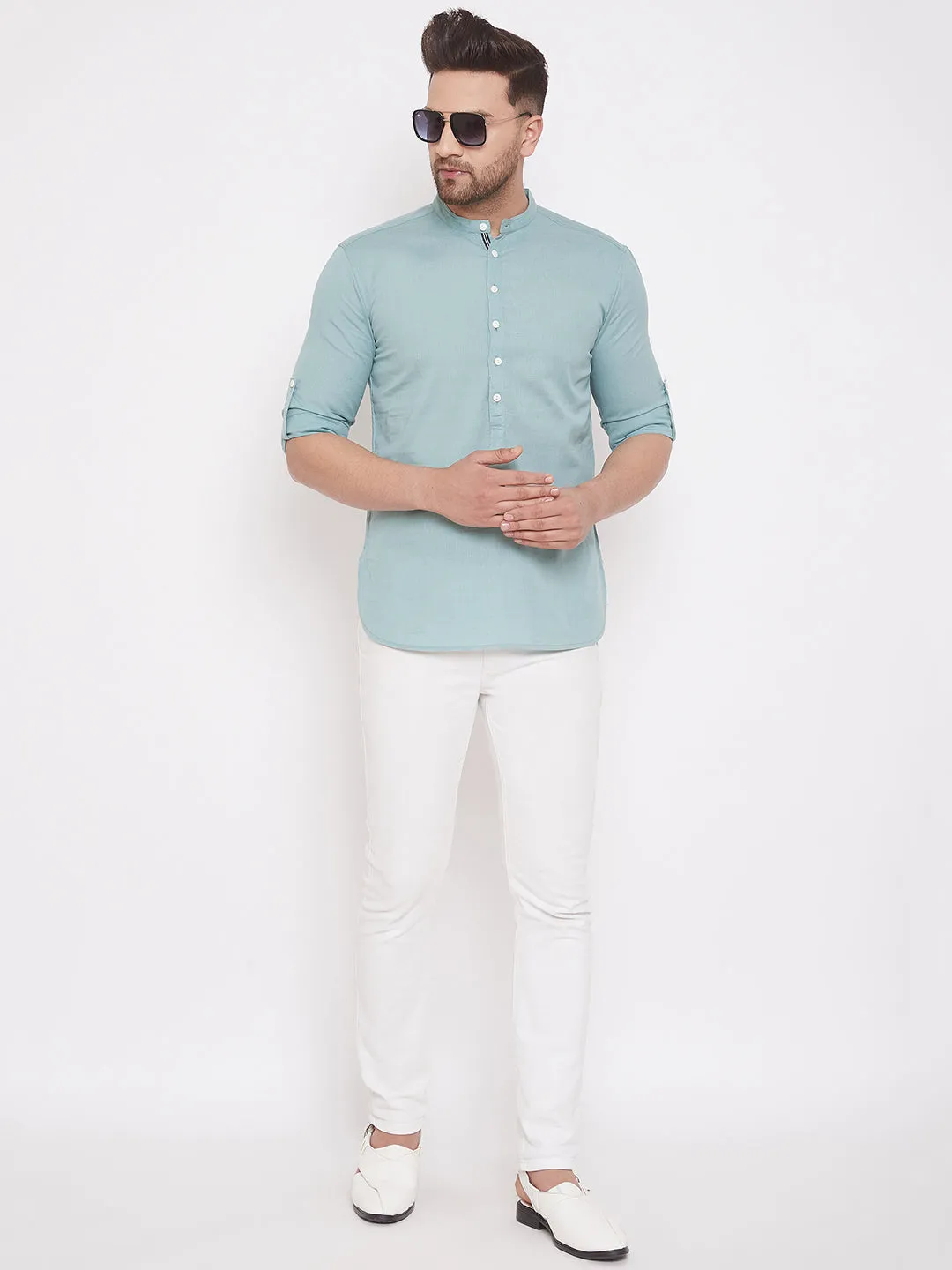 Men's Blue Linen Shirt Kurta - Even Apparels