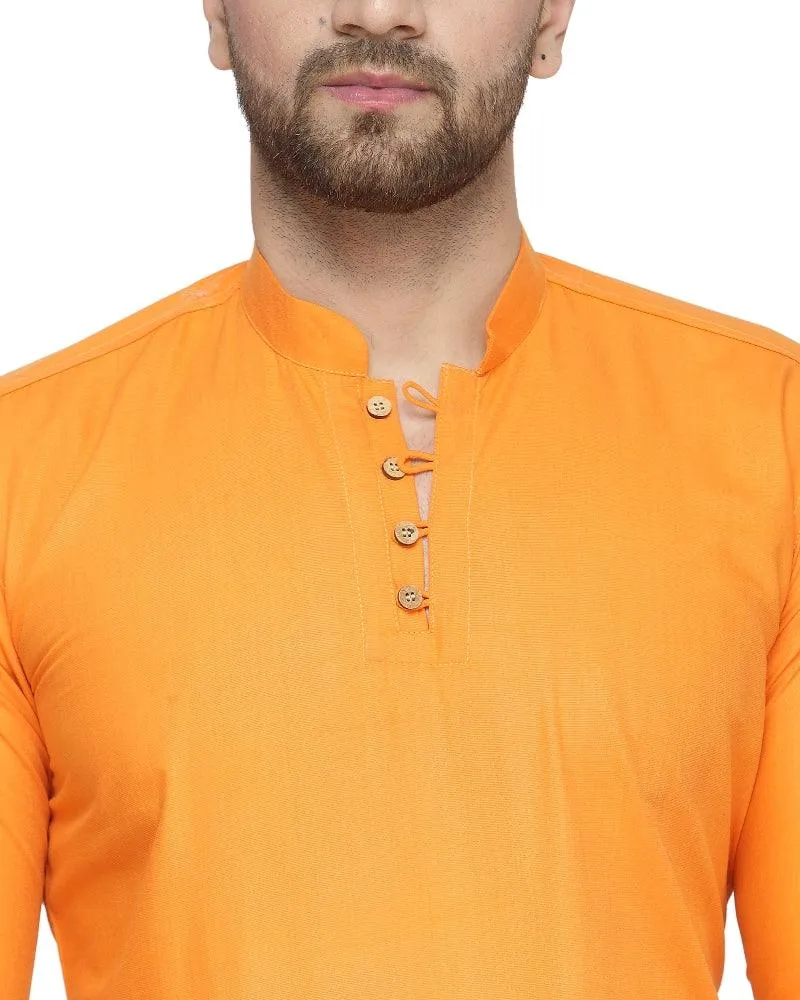 Men's Cotton Blend Orange Asymmetric Short Kurta - Benstoke