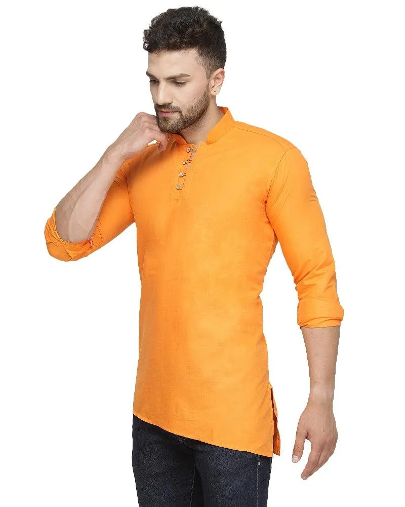 Men's Cotton Blend Orange Asymmetric Short Kurta - Benstoke