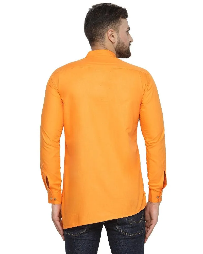 Men's Cotton Blend Orange Asymmetric Short Kurta - Benstoke