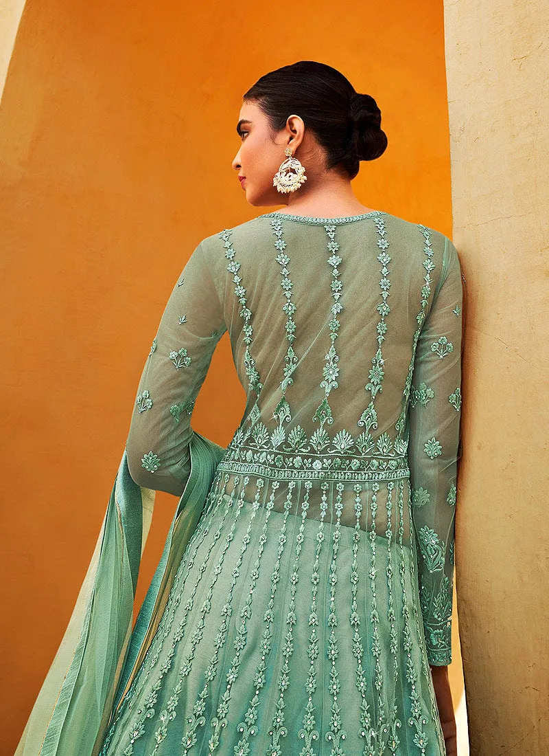 Mint Green Embroidered Slit Style Anarkali Lehenga/Pant Suit