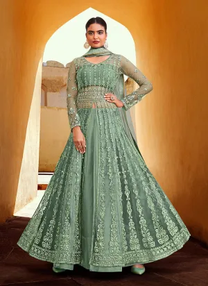 Mint Green Embroidered Slit Style Anarkali Lehenga/Pant Suit