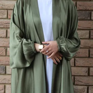 MOA048 Satin Bunched Sleeve Open Abaya